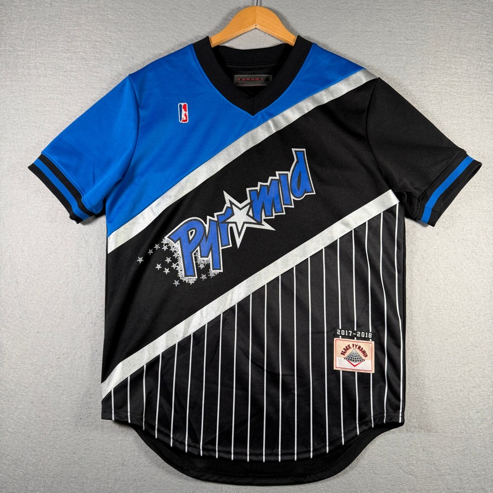 Black Pyramid Mens XL Blue Black Pinstripe Streetwear Jersey V-Neck Short Sleeve